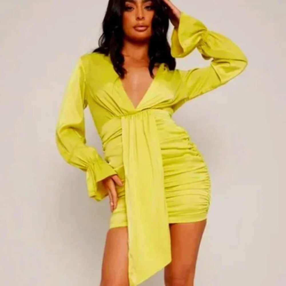 PrettyLittleThing Women's Light Lime Satin Plunge Drape Skirt Shirt Dress - 0